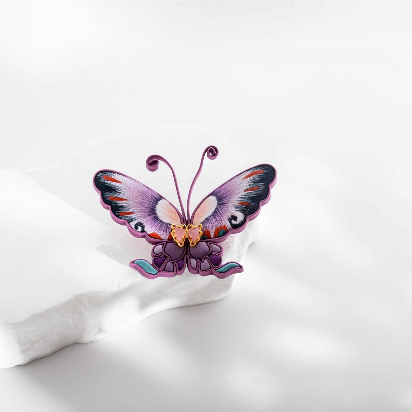 Hand-Embroidered Amethyst Silk Butterfly Brooch