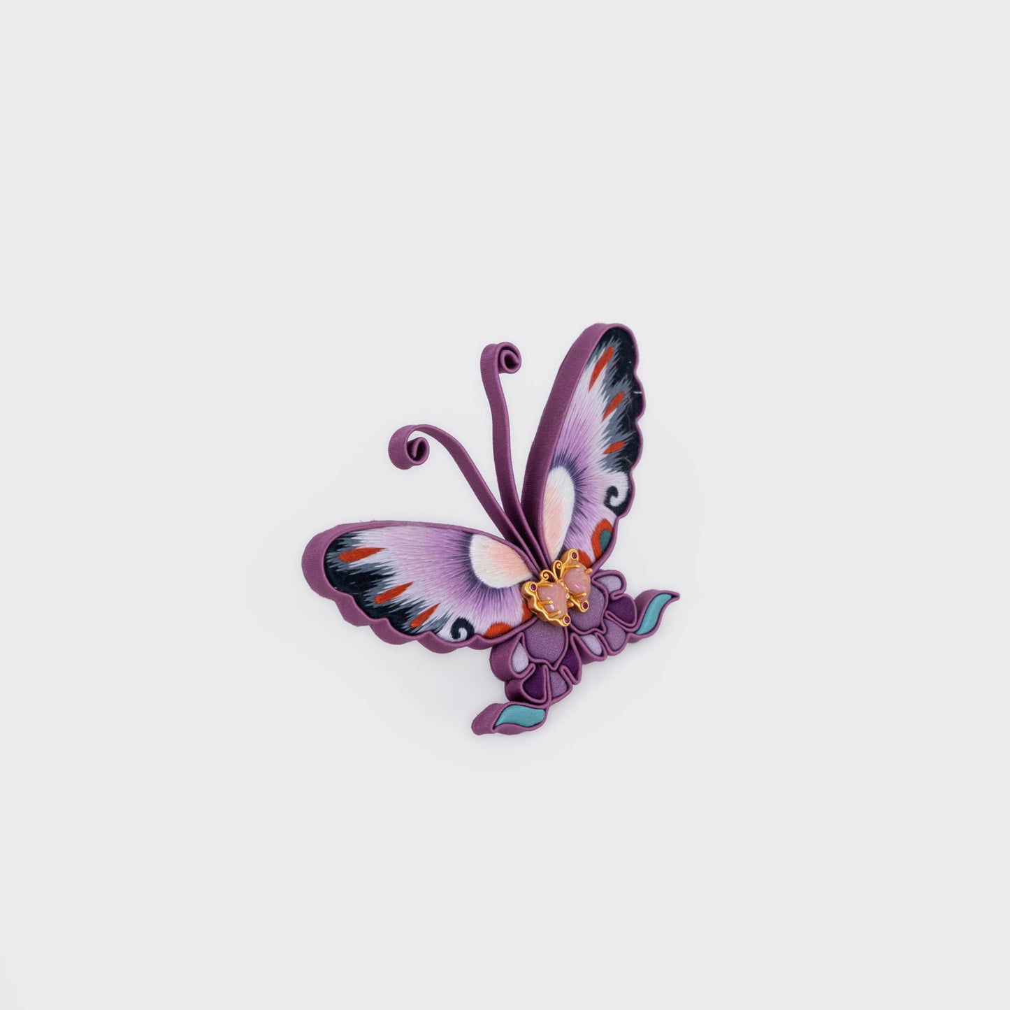 Hand-Embroidered Amethyst Silk Butterfly Brooch