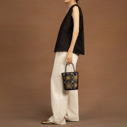 Black Floral Silk Tote Bag with Song Brocade Motif