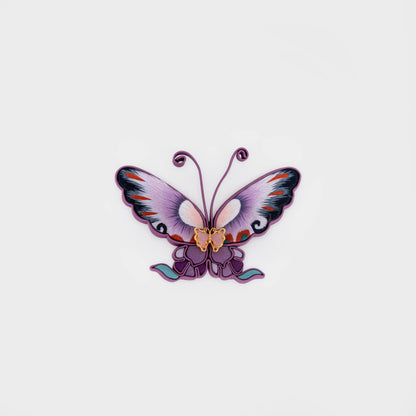 Hand-Embroidered Amethyst Silk Butterfly Brooch