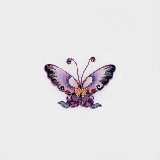 Hand-Embroidered Amethyst Silk Butterfly Brooch