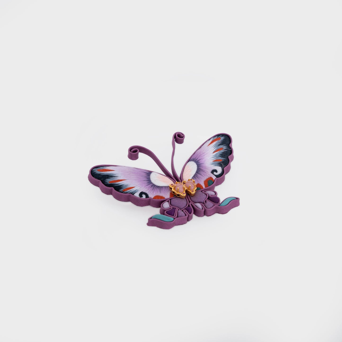 Hand-Embroidered Amethyst Silk Butterfly Brooch